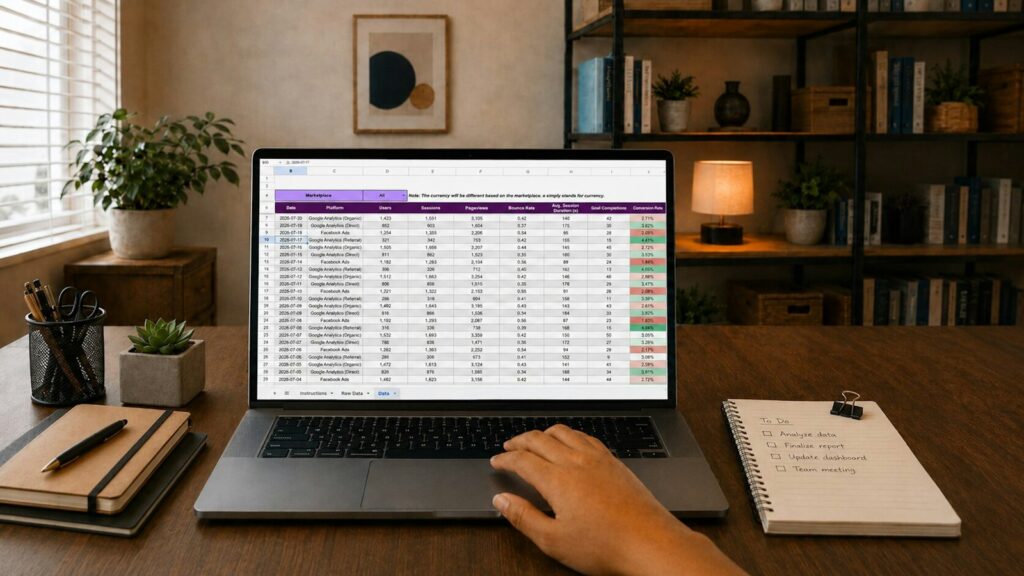 Laptop mit einer Tabelle, die eine Finanzplanung nach monatlichen Zahlungsströmen gliedert