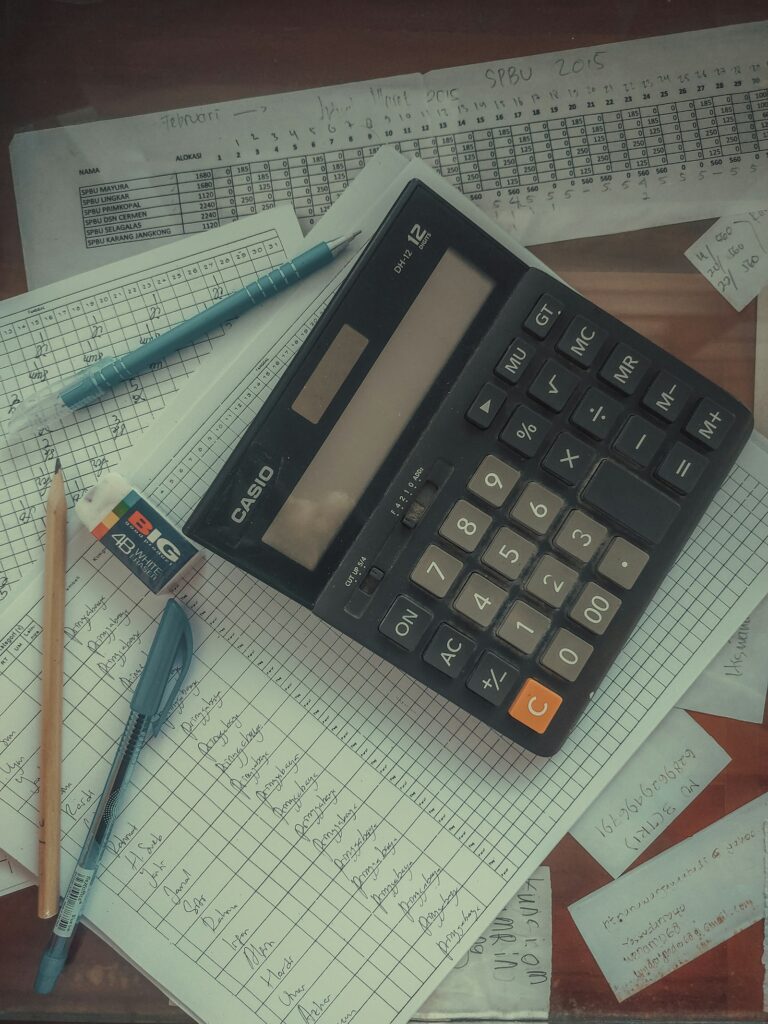 Taschenrechner auf einem Stapel Papiere mit Zahlen zur Budgetplanung