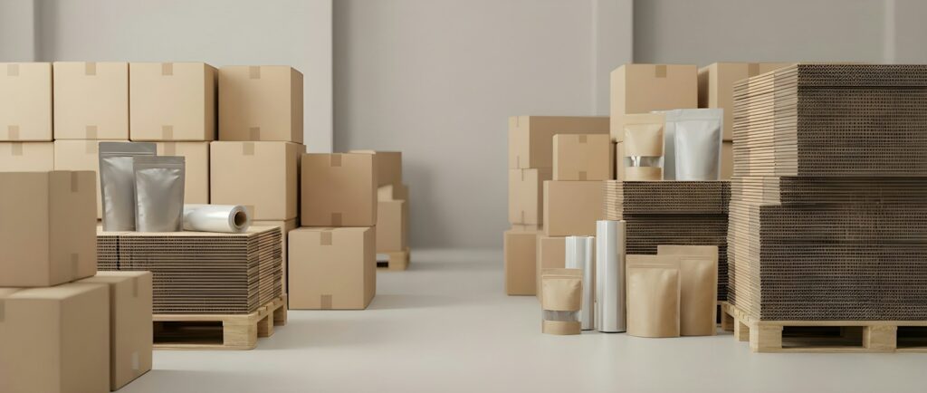 Pappkartons und Verpackungsmaterialien in einem Lager vor dem Weihnachtsgeschäft