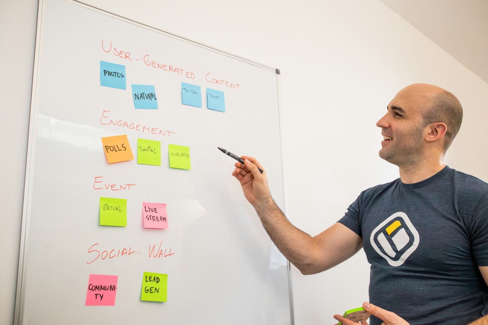 Gründer plant am Whiteboard mit Haftnotizen den nächsten Sprint, agile Zertifizierung in der Praxis