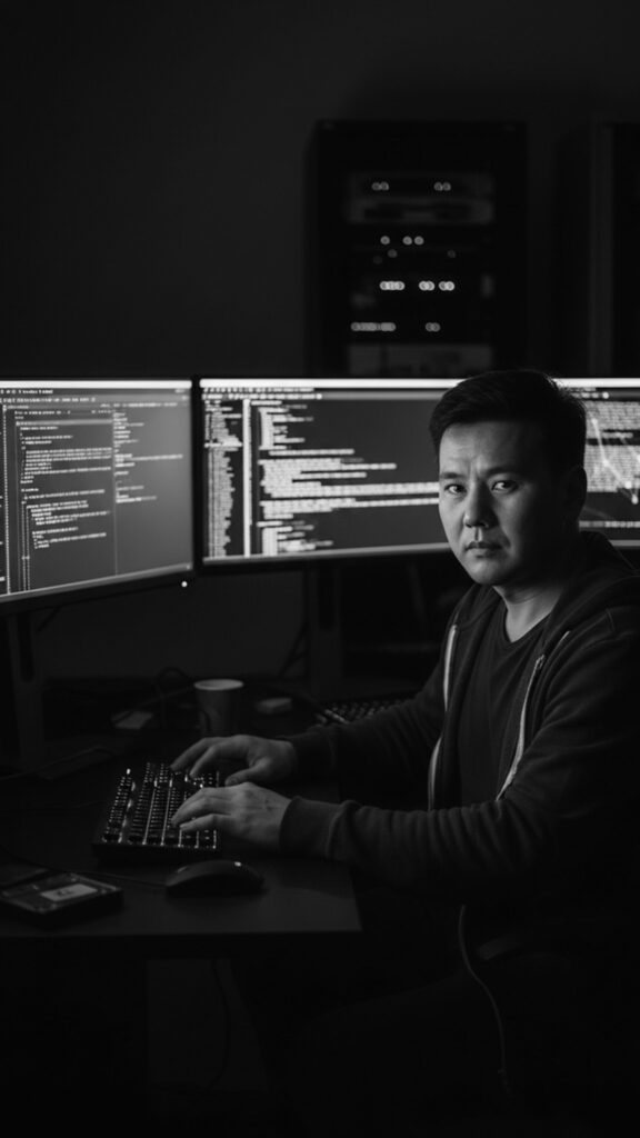 Fachkraft für IT-Sicherheit arbeitet vor mehreren Monitoren