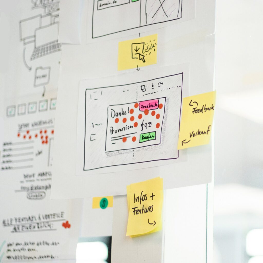 Handgezeichnete Website-Wireframes mit Klebezetteln an einer Glaswand als Entwurf für ein Online-Shop-Design