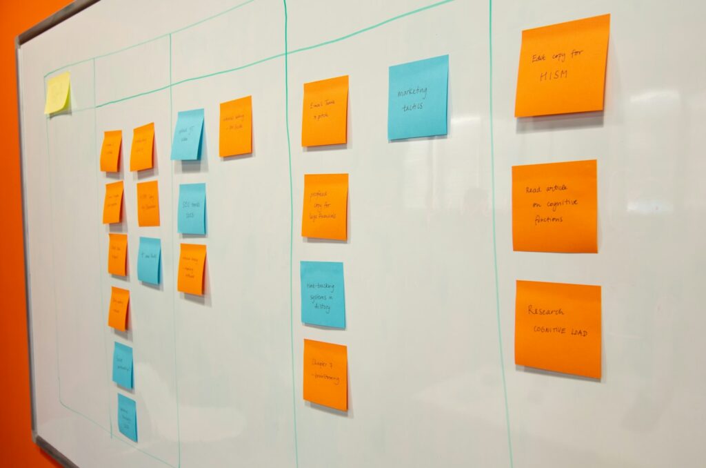 Whiteboard mit Haftnotizen bei der Planung einer Go-to-Market-Strategie